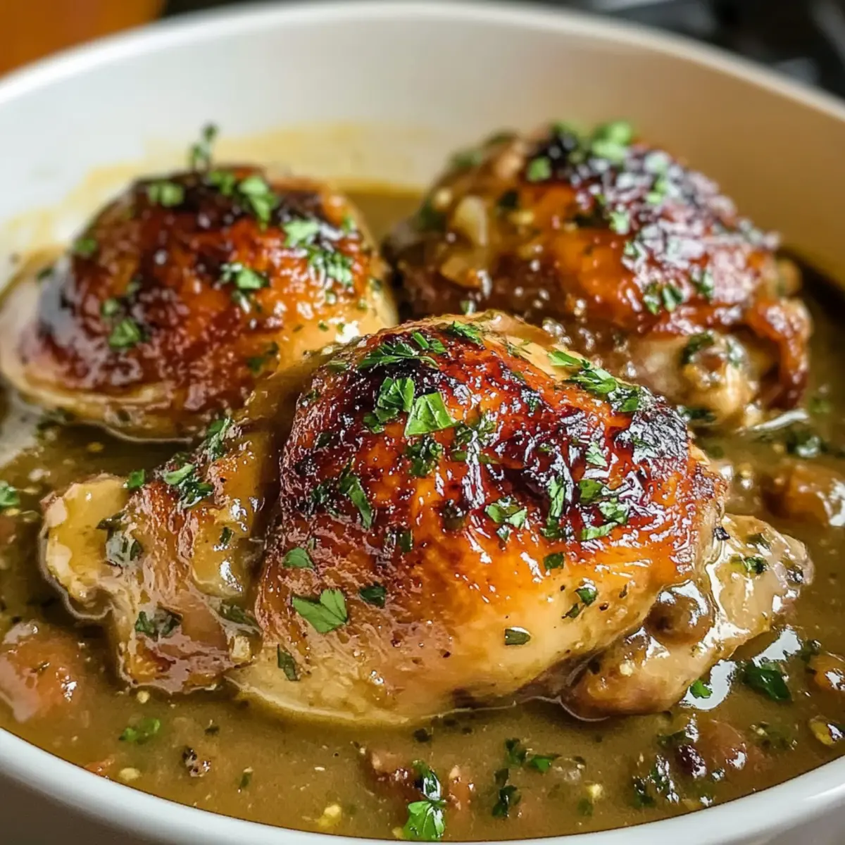 Geschmorte HA¤hnchenschenkel mit reichhaltiger KnoblauchsoAe Rezept kohyo3